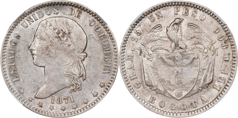 COLOMBIA. Peso, 1871-BOGOTA. Bogota Mint. NGC AU-55.
KM-154.1.

Estimate: $15...