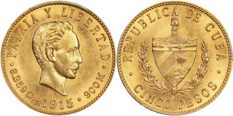 CUBA. 5 Pesos, 1915. Philadelphia Mint. PCGS MS-64.
Fr-4; KM-19.

Estimate: $...