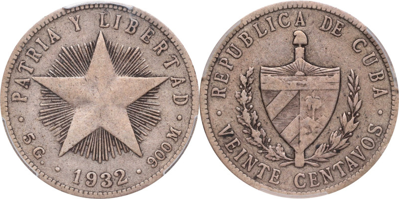 CUBA. 20 Centavos, 1932. Philadelphia Mint. PCGS VF-30.
KM-13.2.

Estimate: $...