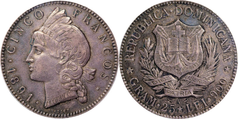 DOMINICAN REPUBLIC. 5 Francos, 1891-A. Paris Mint. PCGS AU-53.
KM-12.

Estima...