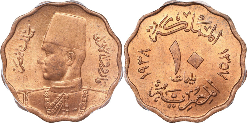 EGYPT. 10 Milliemes, AH 1357/1938. London Mint. Farouk I. PCGS MS-64+ Red.
KM-3...