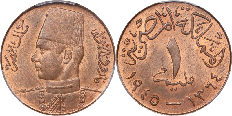 EGYPT. Millieme, AH 1364/1945. London Mint. Farouk I. PCGS MS-64 Red Brown.
KM-...