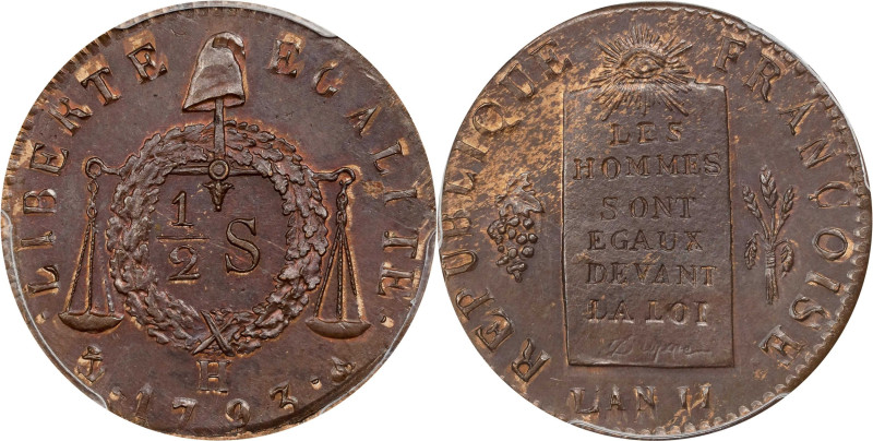 FRANCE. 1/2 Sol, 1793-H. La Rochelle Mint. PCGS MS-63 Brown.
KM-618.1; Gad-10. ...