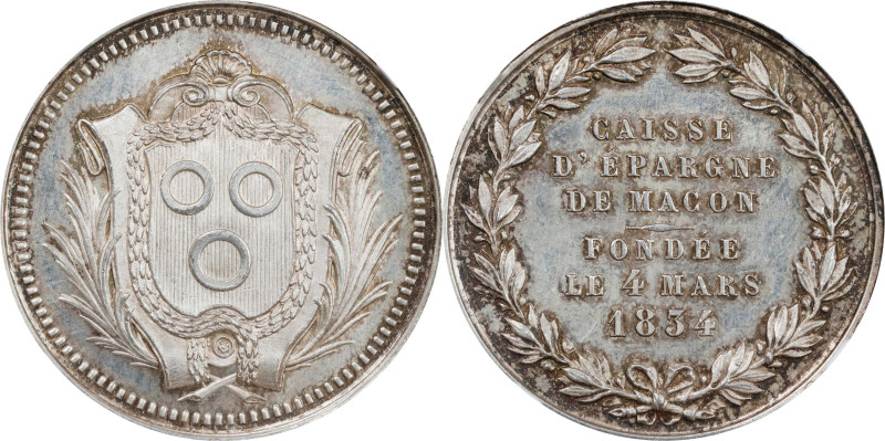 FRANCE. Macon Savings Bank Silver Medal, 1834. NGC MS-66.
Obverse: Bank coat-of...