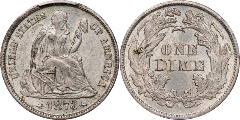 1873-S Liberty Seated Dime. Arrows. Unc Details--Scratch (PCGS).
PCGS# 4667. NG...