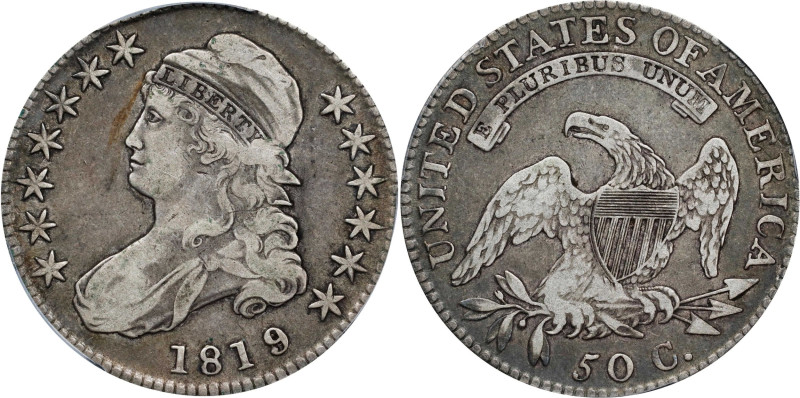 1819/8 Capped Bust Half Dollar. O-102. Rarity-1. Die State 102.1. Large 9. VF-20...