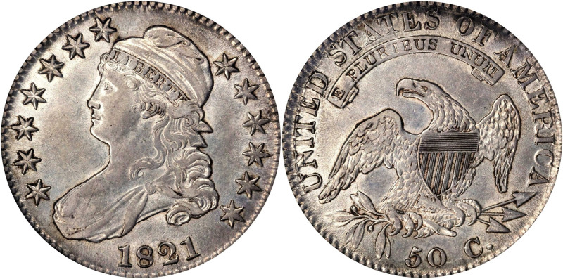 1821 Capped Bust Half Dollar. O-104a. Rarity-1. Die State 104.4. AU-50 (NGC).
P...