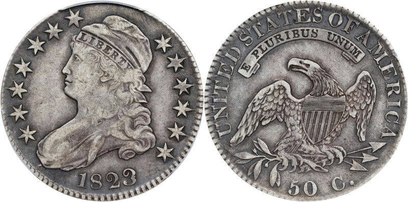 1823 Capped Bust Half Dollar. O-102. Rarity-4. Die State 102.1. Patched 3. VF-30...