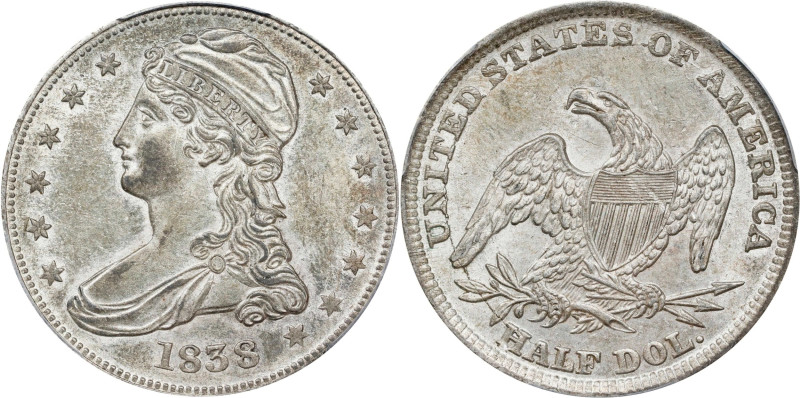 1838 Capped Bust Half Dollar. Reeded Edge. HALF DOL. GR-14. Rarity-3. AU-58 (PCG...