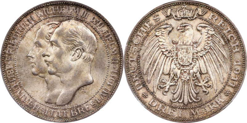 GERMANY. Prussia. 3 Mark, 1911-A. Berlin Mint. Wilhelm II. PCGS MS-64.
KM-531; ...