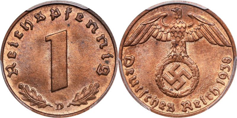 GERMANY. Third Reich. Reichspfennig, 1938-D. Munich Mint. PCGS MS-65 Red Brown....