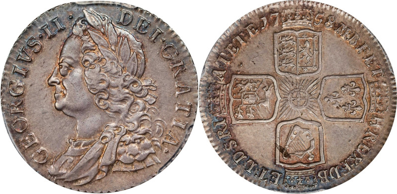 GREAT BRITAIN. Shilling, 1758. London Mint. George II. PCGS AU-58.
S-3704; KM-5...