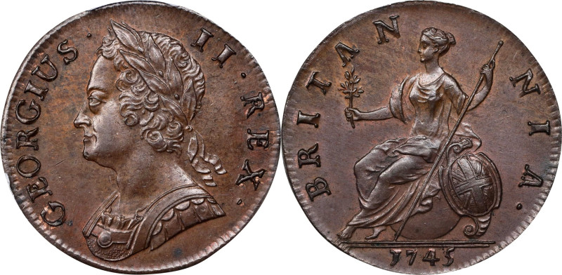 GREAT BRITAIN. 1/2 Penny, 1745. London Mint. George II. PCGS MS-63 Brown.
S-371...