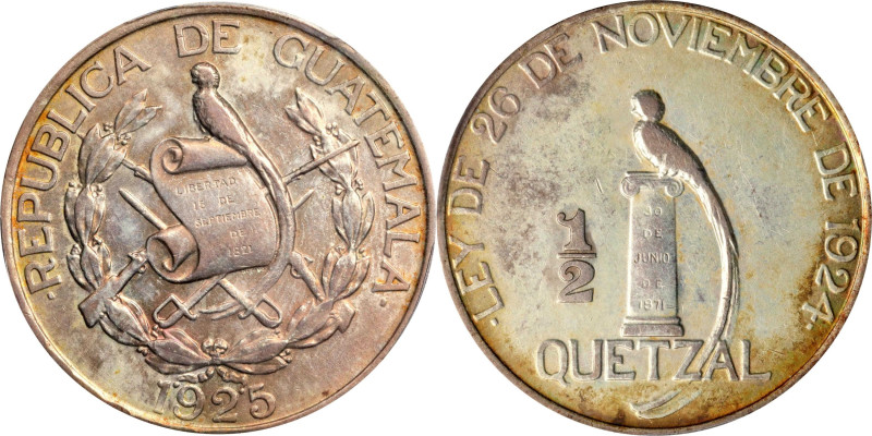 GUATEMALA. 1/2 Quetzal, 1925-(P). Philadelphia Mint. PCGS AU-50.
KM-241.1. Vari...