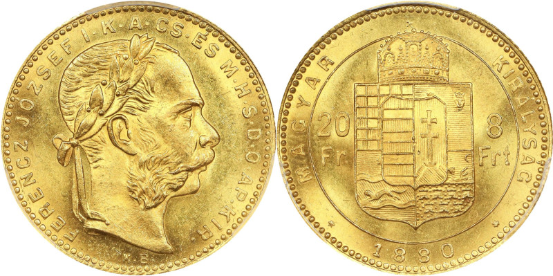 HUNGARY. 8 Forint (20 Francs), 1880-KB. Kremnica Mint. Franz Joseph I. PCGS MS-6...