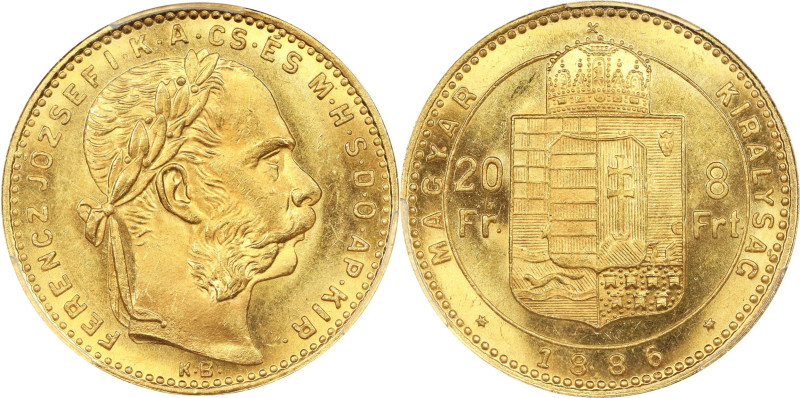 HUNGARY. 8 Forint (20 Francs), 1886-KB. Kremnica Mint. Franz Joseph I. PCGS MS-6...