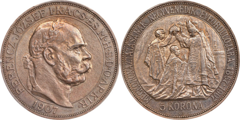 HUNGARY. 5 Korona, 1907-KB. Kremnitz Mint. Franz Joseph I. PCGS MS-62.
KM-489; ...