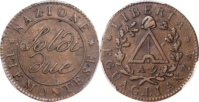 ITALY. Piedmont-Subalpine Republic. 2 Soldi, AN 9 (1800-01). Turin Mint. PCGS AU...