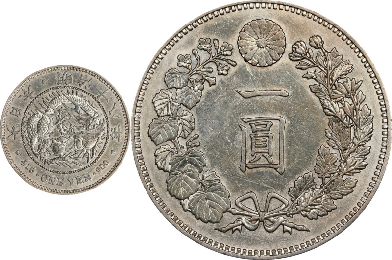 JAPAN. Yen, Year 18 (1885). Osaka Mint. Mutsuhito (Meiji). ALMOST UNCIRCULATED D...