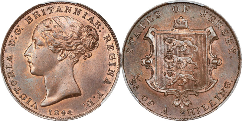 JERSEY. 1/26 Shilling, 1844. Victoria. PCGS MS-64 Red Brown.
S-7002; KM-2.

E...