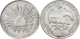 MEXICO. 8 Reales, 1857-Go PF. Guanajuato Mint. PCGS MS-62.
KM-377.8; DP-Go41. Brilliant and entirely argent, this shimmery 8 Reales piece delivers an...