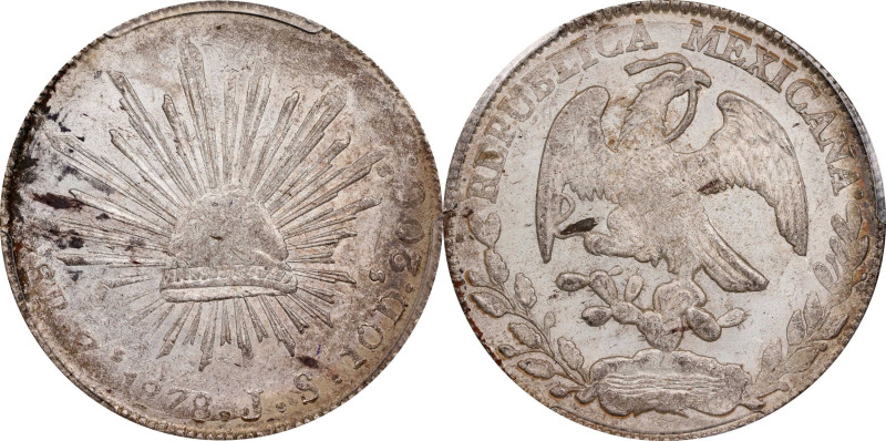 MEXICO. 8 Reales, 1878-Zs JS. Zacatecas Mint. PCGS AU-55.
KM-377.13; DP-Zs63.
...