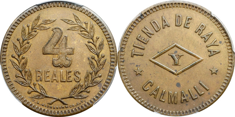 MEXICO. Calmalli. Copper 4 Reales Token, ND (1894-97). PCGS MS-62.
Rulau-BCN-2....