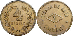 MEXICO. Calmalli. Copper 4 Reales Token, ND (1894-97). PCGS MS-62.
Rulau-BCN-2.

Estimate: $100.00- $200.00