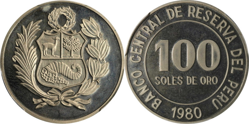 PERU. 100 Soles de Oro, 1980. PCGS PROOF-64 Cameo.
KM-283.

Estimate: $10.00-...