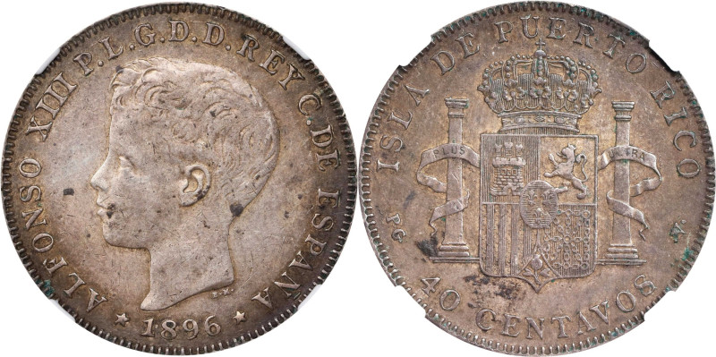 PUERTO RICO. 40 Centavos, 1896-PG V. Madrid Mint. Alfonso XIII. NGC AU-55.
KM-2...