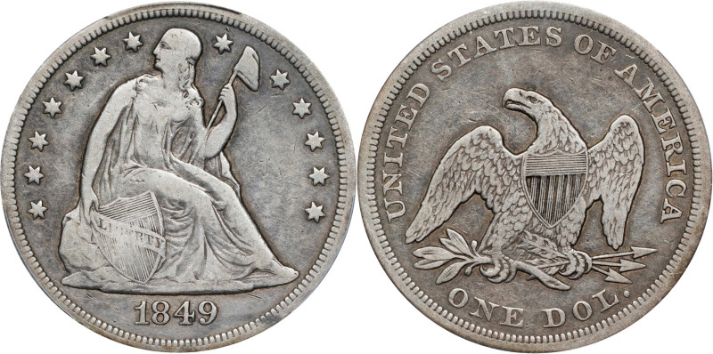 1849 Liberty Seated Silver Dollar. OC-1. Rarity-1. VF-20 (PCGS).
PCGS# 6936. NG...