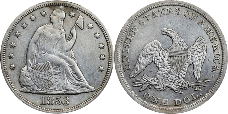 1853 Liberty Seated Silver Dollar. OC-1. Rarity-2. Top 30 Variety. Chin Whiskers...