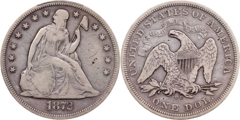 1872-CC Liberty Seated Silver Dollar. OC-1, the only known dies. Rarity-3+. Fine...