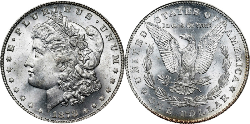 1878 Morgan Silver Dollar. 7 Tailfeathers. Reverse of 1878. MS-65 (ICG).
PCGS# ...