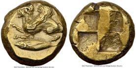 MYSIA. Cyzicus. Ca. 550-450 BC. EL 1/12 stater or hemihecte (8mm, 1.36 gm). NGC AU 4/5 - 2/5, scuff. Forepart of sphinx left, right foreleg raised, ab...
