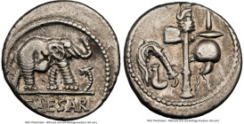 Julius Caesar, as Dictator (49-44 BC). AR denarius (17mm, 3.87 gm, 8h). NGC XF 4/5 - 2/5, bankers mark. Military mint traveling with Caesar in norther...