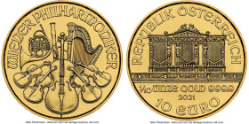 Republic gold "Vienna Philharmonic" 10 Euro (1/10 oz) 2021 MS70 NGC, Vienna mint, KM3092. HID09801242017 © 2024 Heritage Auctions | All Rights Reserve...
