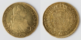 Charles IV gold 8 Escudos 1802 P-JF AU, Popayan mint, KM62.2. 36.8mm. 26.98gm. Visually appealing with its lustrous glimmering surfaces and boldly det...