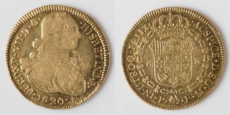 Ferdinand VII gold 8 Escudos 1820 P-FM AU, Popayan mint, KM66.2, Fr-61. Last dat...