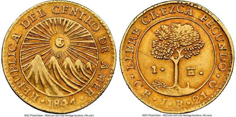 Central American Republic gold Escudo 1847 CR-JB XF Details (Reverse Cleaned) NG...