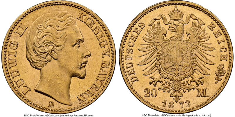 Bavaria. Ludwig II gold 20 Mark 1873-D MS64 NGC, Munich mint, KM894, J-194. HID0...