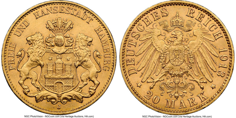 Hamburg. Free City gold 20 Mark 1913-J MS63 NGC, Hamburg mint, KM618, J-212. Las...