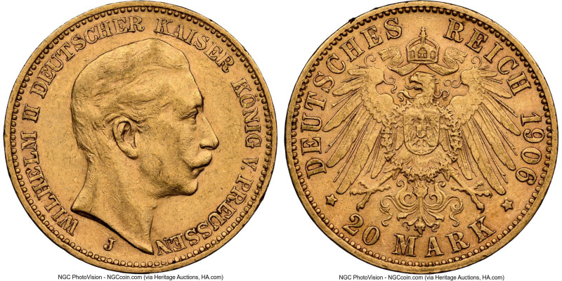 Prussia. Wilhelm II gold 20 Mark 1906-J AU55 NGC, Hamburg mint, KM521, J-252. HI...