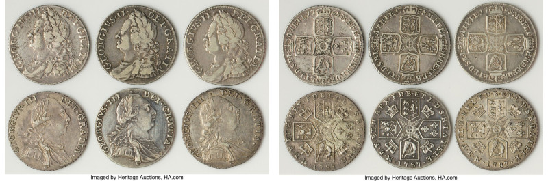 6-Piece Lot of Uncertified silver Shillings, 1) George II Shilling 1758 - VF, KM...