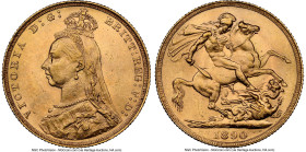 Victoria gold Sovereign 1890 MS62+ NGC, KM767, S-3866. A rose-gold offering preserved in near choice condition. HID09801242017 © 2024 Heritage Auction...