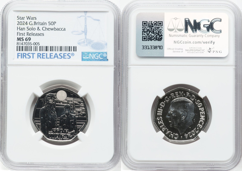 Charles III copper-nickel "Han Solo & Chewbacca" 50 Pence 2024 MS69 NGC, Star Wa...