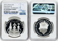 Charles III silver Proof "Coronation Regalia - King Charles III Coronation" 5 Pounds 2023 PR70 Ultra Cameo NGC, Mintage: 16,860. Edge Inscription: GOD...