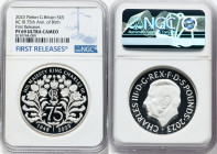 Charles III silver Proof Piefort "King Charles III 75th Anniversary of Birth" 5 Pounds 2023 PR69 Ultra Cameo NGC, Mintage: 1,410. Edge Inscription: RE...