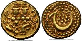 Mysore. Haidar Ali gold Pagoda ND (1761-1782) AU58 NGC, Uncertain mint, KM15, Fr-1346. 3.44gm. God and Goddess motif, letter "HE" reverse. HID09801242...
