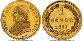 Papal States. Pius IX gold Scudo Anno VIII (1853)-R MS64 NGC, Rome mint, KM1358. First year of type. Includes envelope. HID09801242017 © 2024 Heritage...